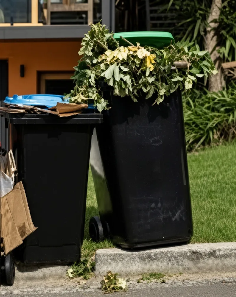 bin-rescue-enquiry Dark grey wheelie bins with lids closed on a lawn