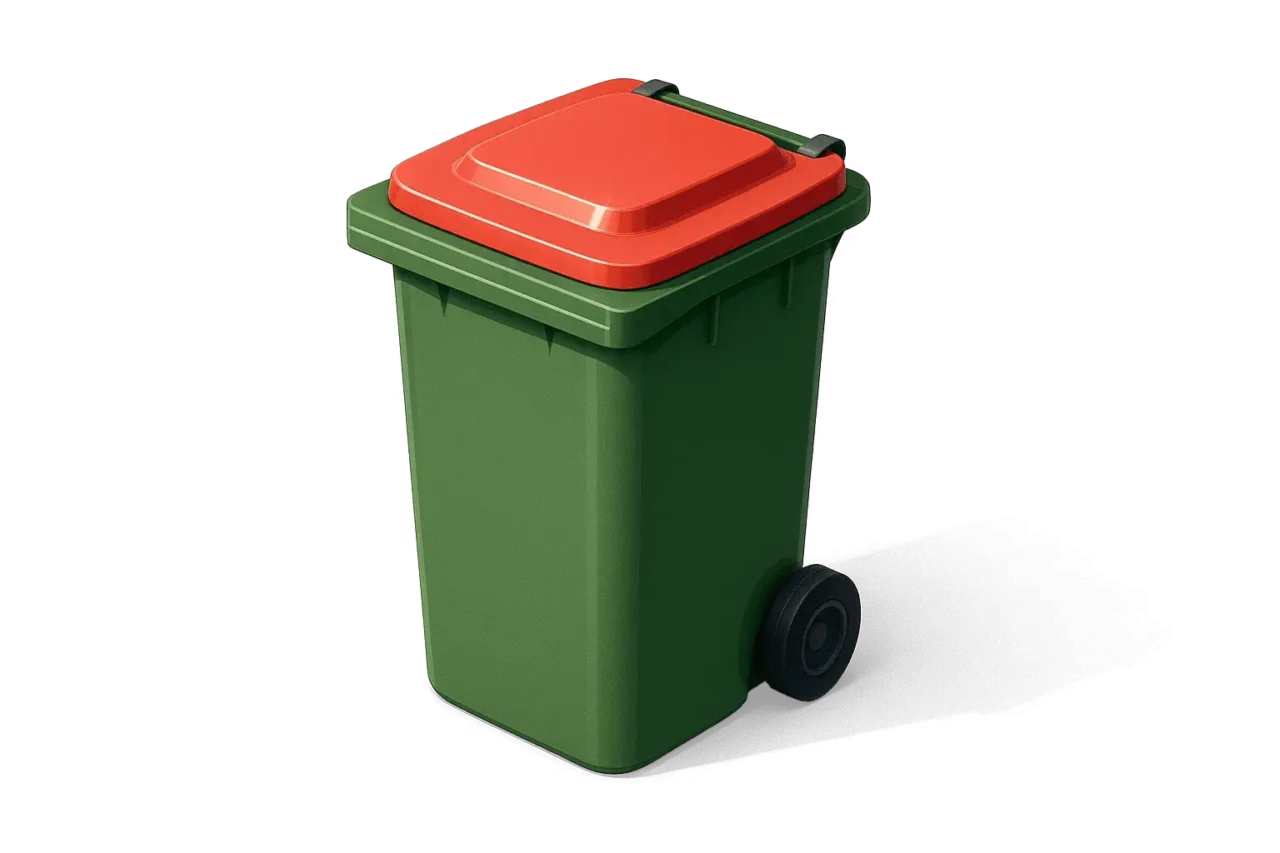 767ab1afb03aab1cd251c47a2c18f829e6730a87 Green wheelie bin with a red general waste lid