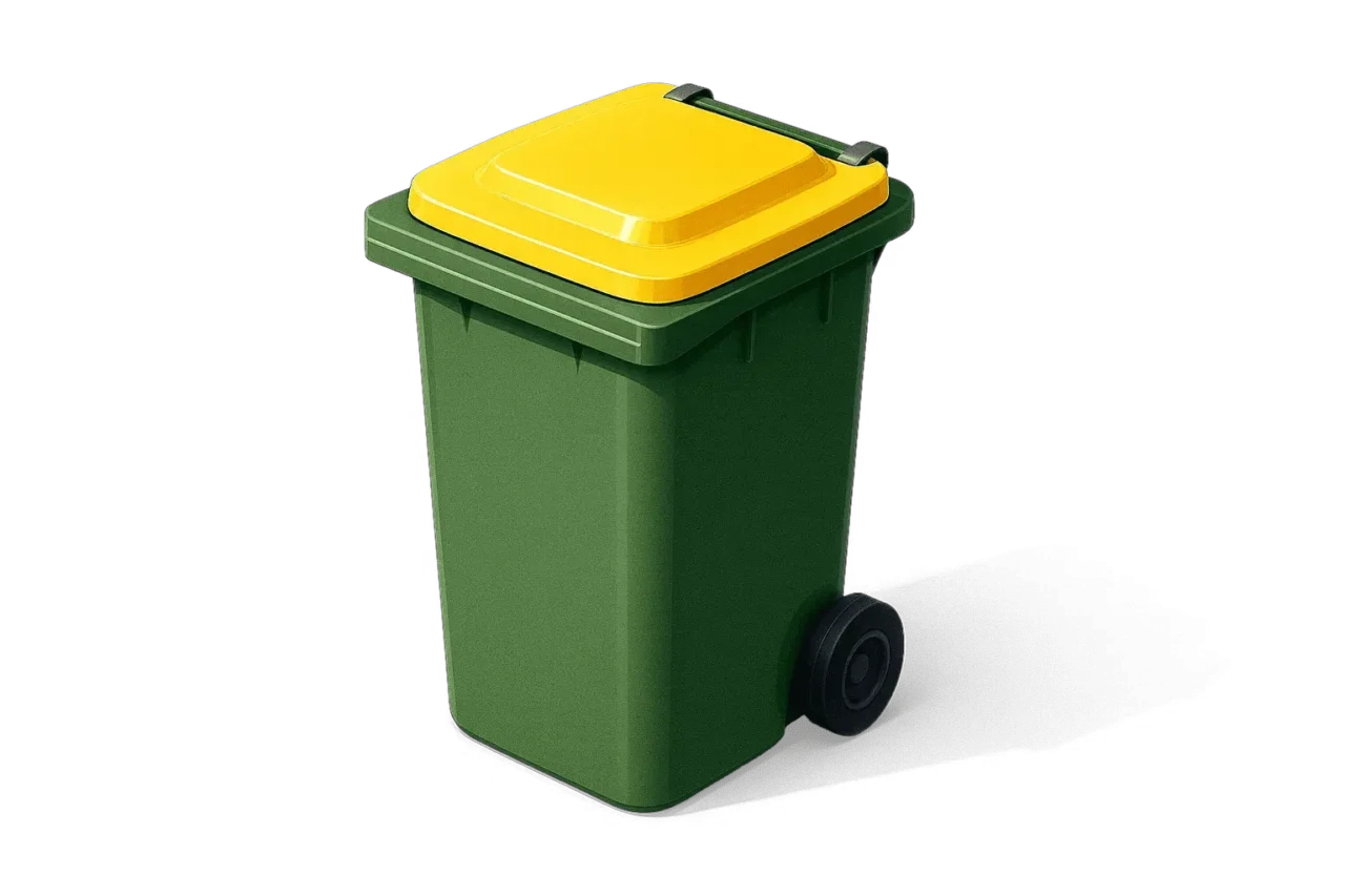 8093b96610047547e4d6173af03f0cad21b65a2f Green wheelie bin with a yellow recycling lid
